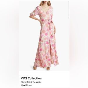 Pink floral print tie waist maxi dress